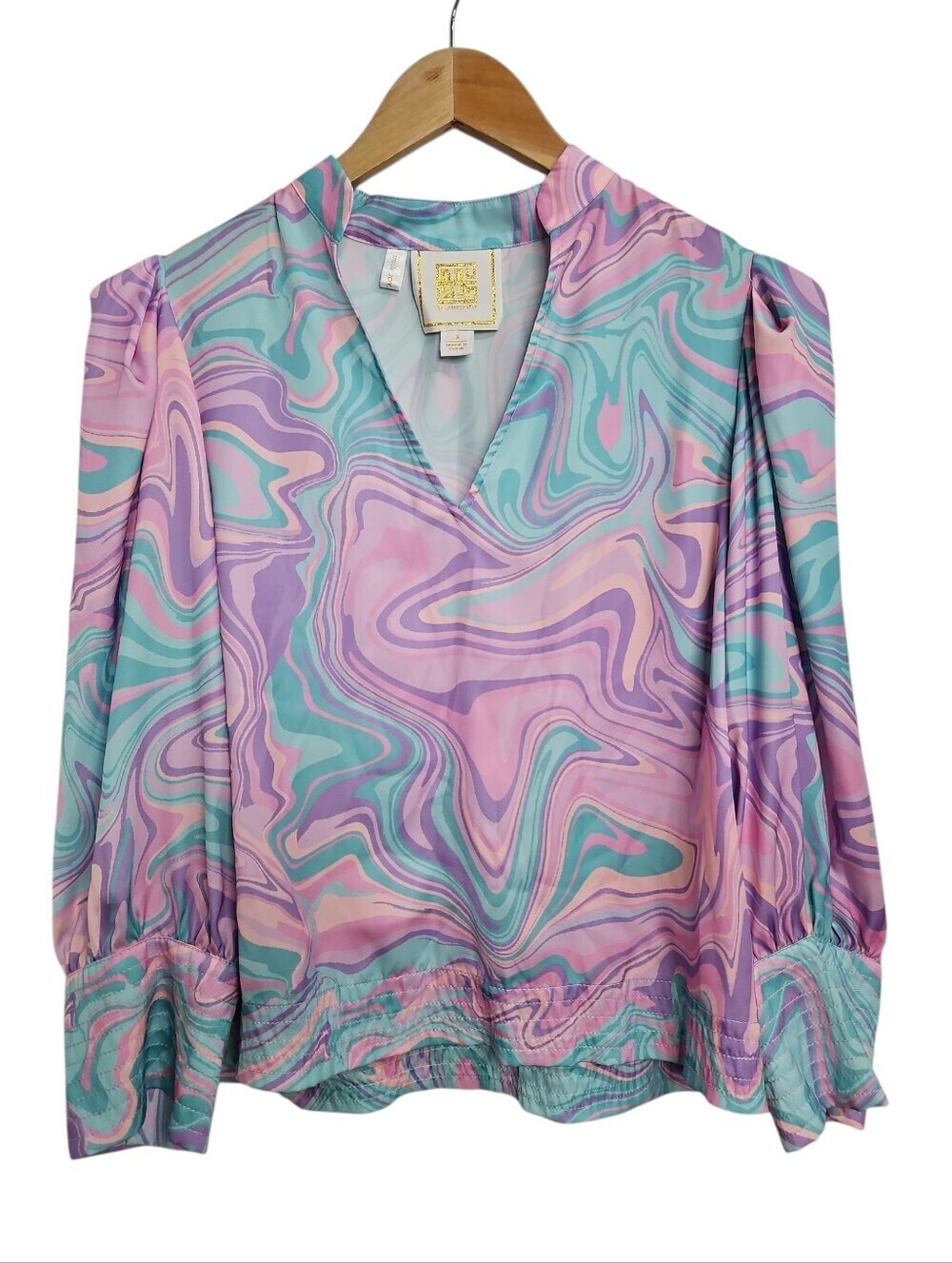 Emily McCarthy Pastel Swirl Retro Top Gold Sleeve Buttons Sz Small Womens